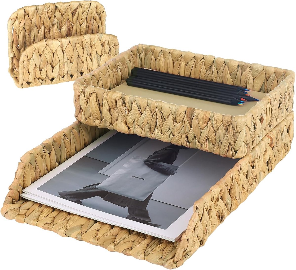 Bureau Organizer Set - Papier Manden - Bureau Opruimen - Handgeweven Water Hyacint - Set van 3 - Natuurlijk Bruin