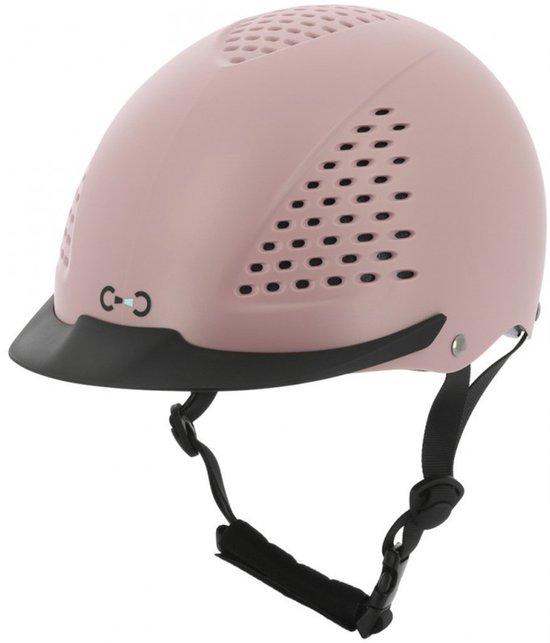 Roze rijhelm met zwarte klep en ventilatiegaten. Zwarte kinband.