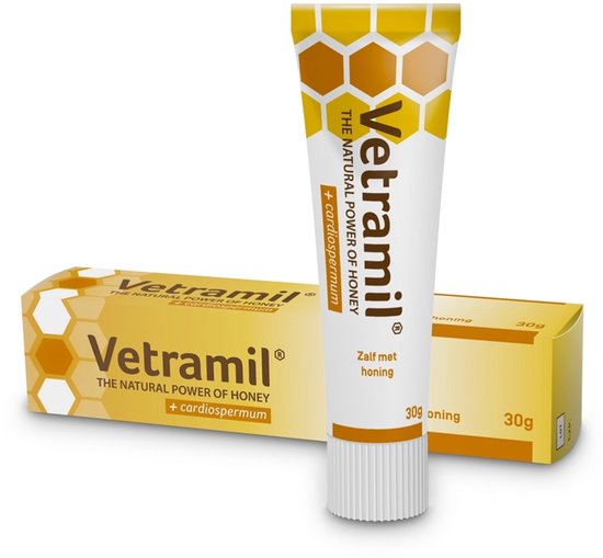 Vetramil zalf met honing 30g tube en doosje met honingraatpatroon.