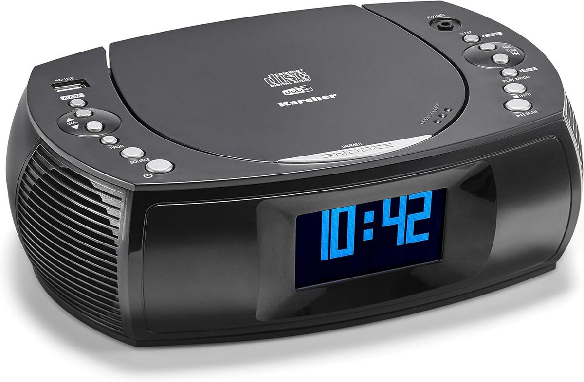 DAB+ CD Wekker met Dubbel Alarm, USB Oplader en Back-up Batterij