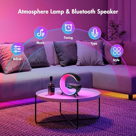 Slim Nachtlampje met Draadloze Oplader, Wekker en Bluetooth Speaker - Dimbaar Sfeerlicht — afbeelding 2