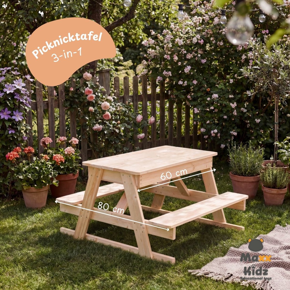 Maxx Kidz 3-in-1 Picknicktafel - Tafel, Krijtbord & Zandbak thumbnail 2