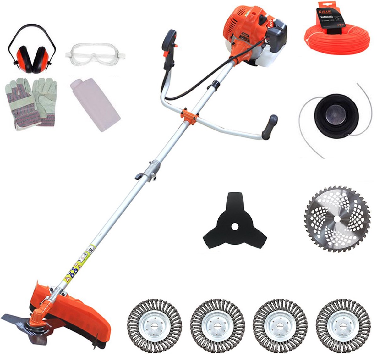 Bol.com Kibani Kantenmaaier 4-in-1 – Bosmaaier Benzine - 52 cc / 1.9 pk 2-takt Motor – Incl. 4 Onkruidborstels, Maaidraad, Zaagb... aanbieding