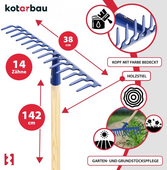KOTARBAU® Tuinhark, Bladhark, Staal, 38 cm, Marineblauw, met Houten Steel, 142 cm, 14 Tanden, voor Gazon, Stevige Hark, Metalen Hark, Ergonomisch Tuingereedschap van Merkloos	 — afbeelding 4