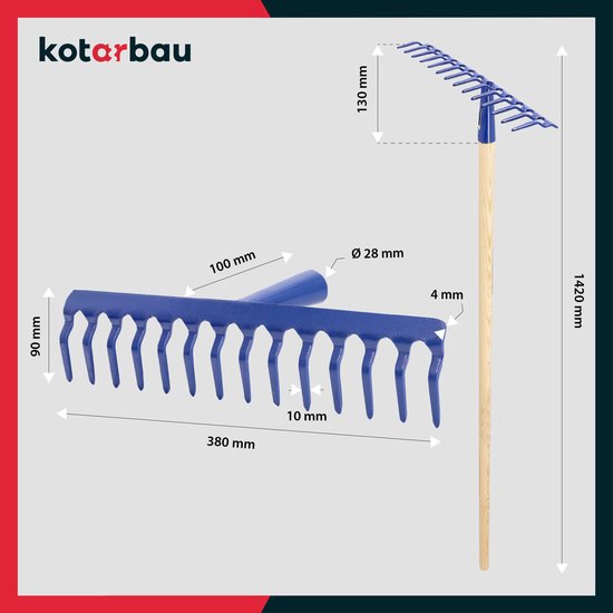 KOTARBAU® Tuinhark, Bladhark, Staal, 38 cm, Marineblauw, met Houten Steel, 142 cm, 14 Tanden, voor Gazon, Stevige Hark, Metalen Hark, Ergonomisch Tuingereedschap van Merkloos	 — afbeelding 3