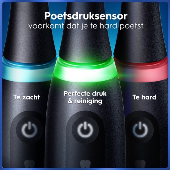 Close-up van de onderkant van drie zwarte Oral-B tandenborstels met druksensorindicatoren: te zacht, perfect, te hard.