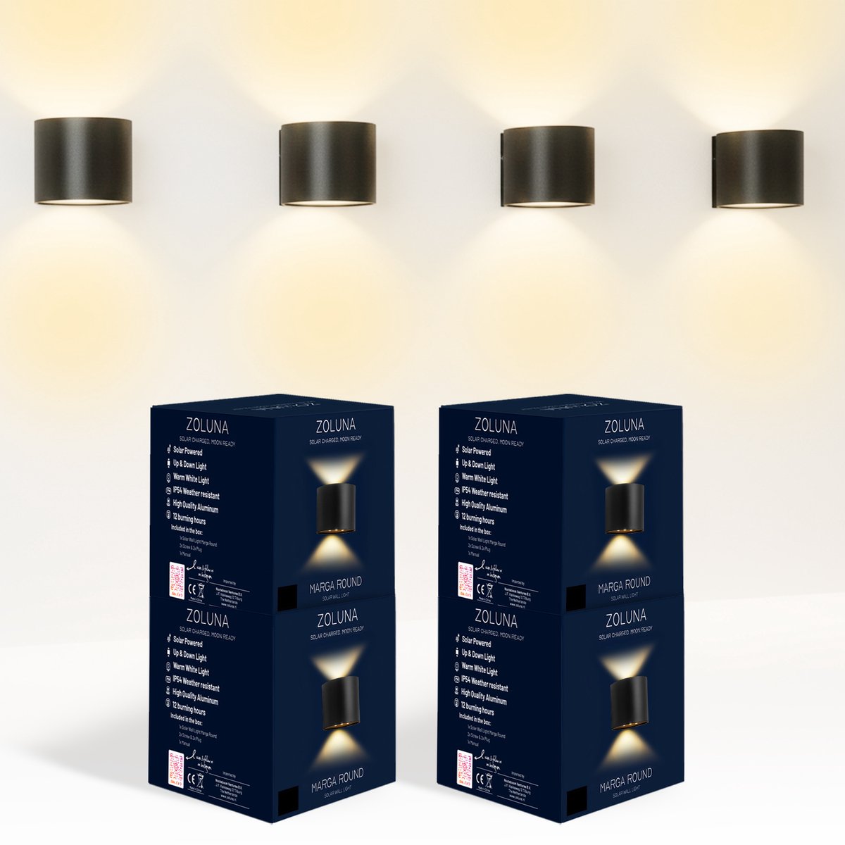 ZOLUNA Solar Tuinverlichting Wandlamp Marga Rond 4x - Tuinverlichting op Zonneenergie - Aluminium – Warm Wit Licht – 12 Uur – IP54
