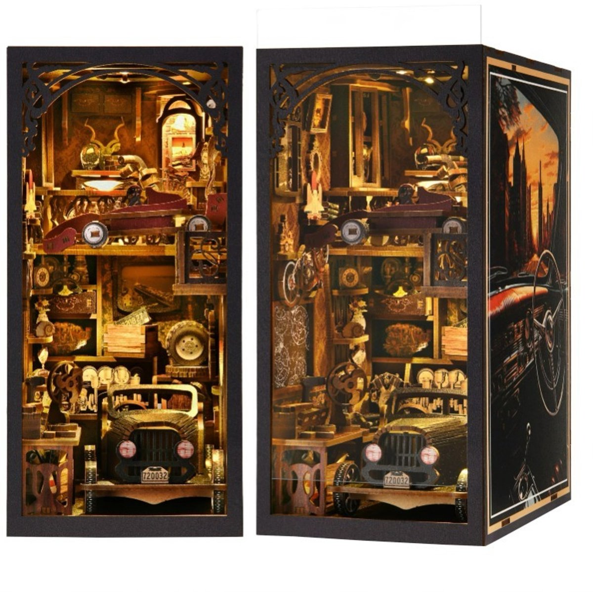 Meedeer DIY Book Nook Kit-3D houten puzzel boekensteunen-DIY miniatuur poppenhuis kit-Automobiel Museum modelbouw kit-Booknook modelbouwset Met led-houten modellen om te bouwen voor volwassenen