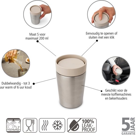 Zilverkleurige thermosbeker met een zandkleurig deksel, 200 ml. Toont de deksel die makkelijk opengaat en sluit.