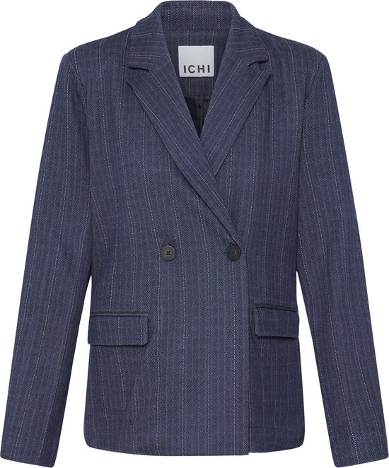 Donkerblauwe blazer met krijtstrepen, double-breasted knoopsluiting en ICHI-label in de nek.