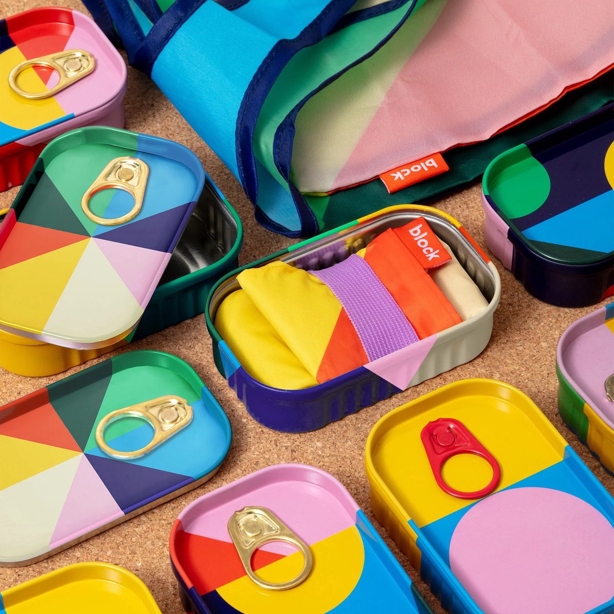 Block Design Tinned Goods recycled herbruikbare shopping tas