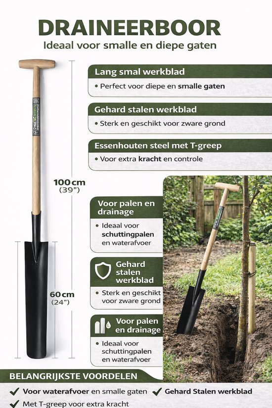 Synx Tools Draineerboor Gehard - Palenboor - draineerspade - inclusief Essenhout T-Steel 76cm van Merkloos	 — afbeelding 2