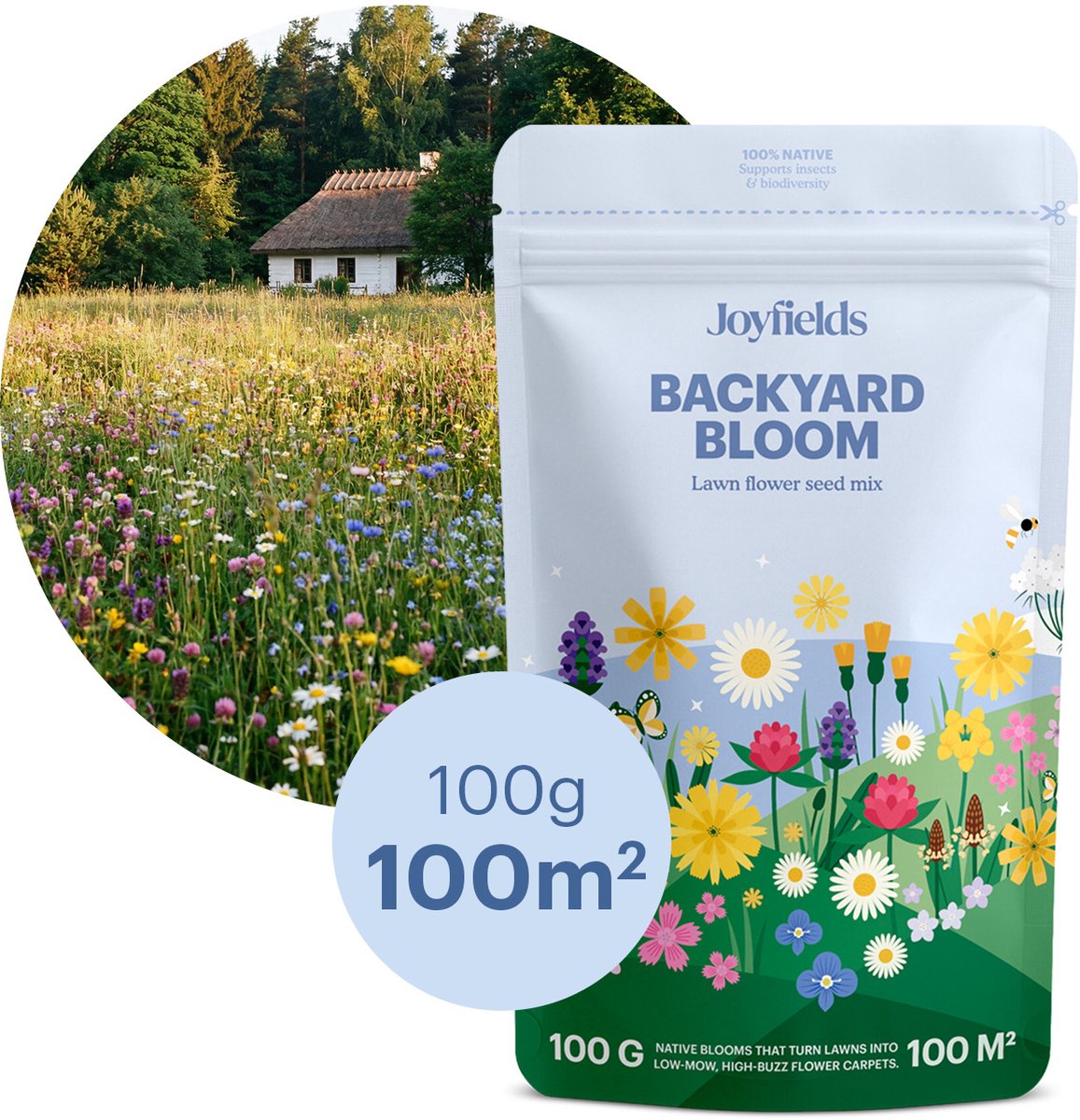 Joyfields Backyard Bloom - Inheems bloemrijk gazonmengsel - 100 gram (50 m²) - Biodivers gazon - Maaibare bloemen - Mengbaar met graszaad