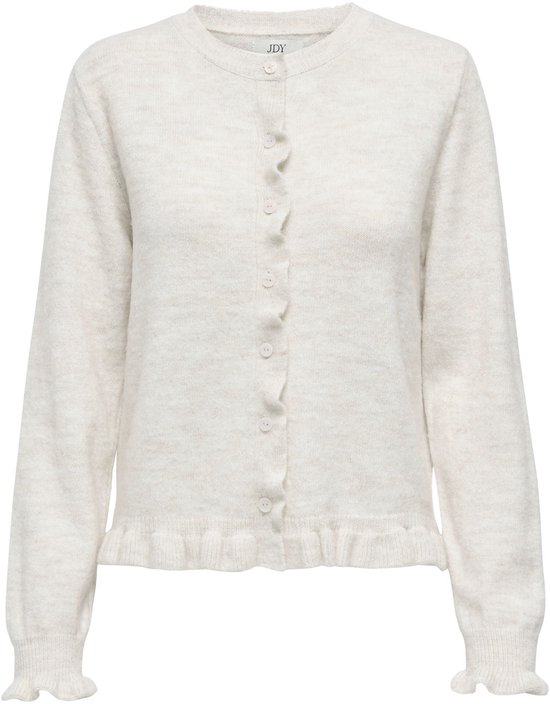 Crème gebreid vest met lange mouwen, knoopsluiting en ruches langs de knopen en zoom.