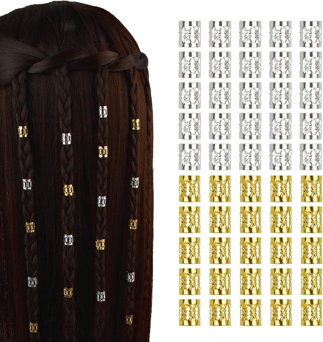 50x Haaraccessoires Dreadlocks Kralen & Manchetten - Goud & Zilver