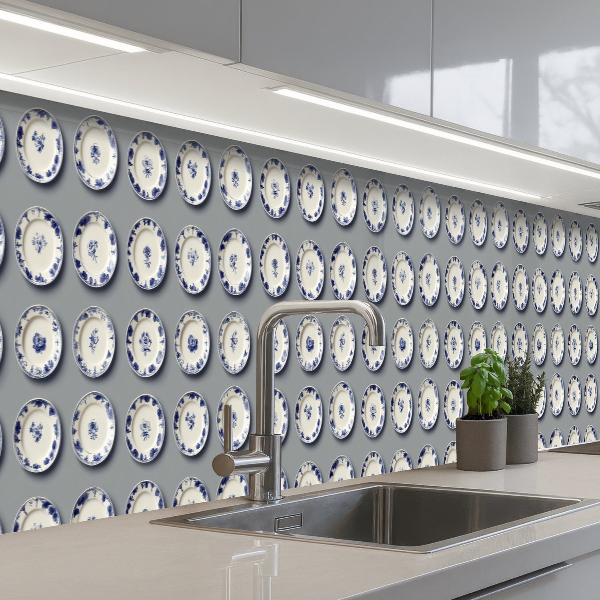 Keuken achterwand 500x60 cm - Spatscherm zelfklevend Borden - Bloemen - Blauw - Wit - Muurbeschermer - Spatwand fornuis