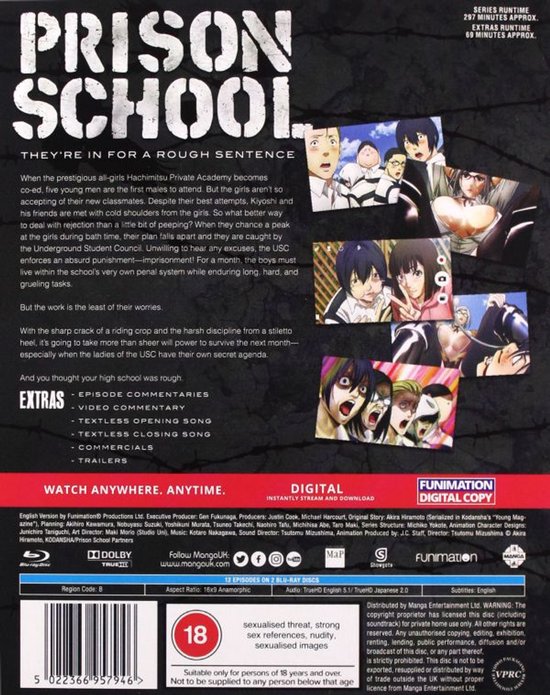 De achterkant van de Prison School Blu-ray box met details over de serie en kleine afbeeldingen.