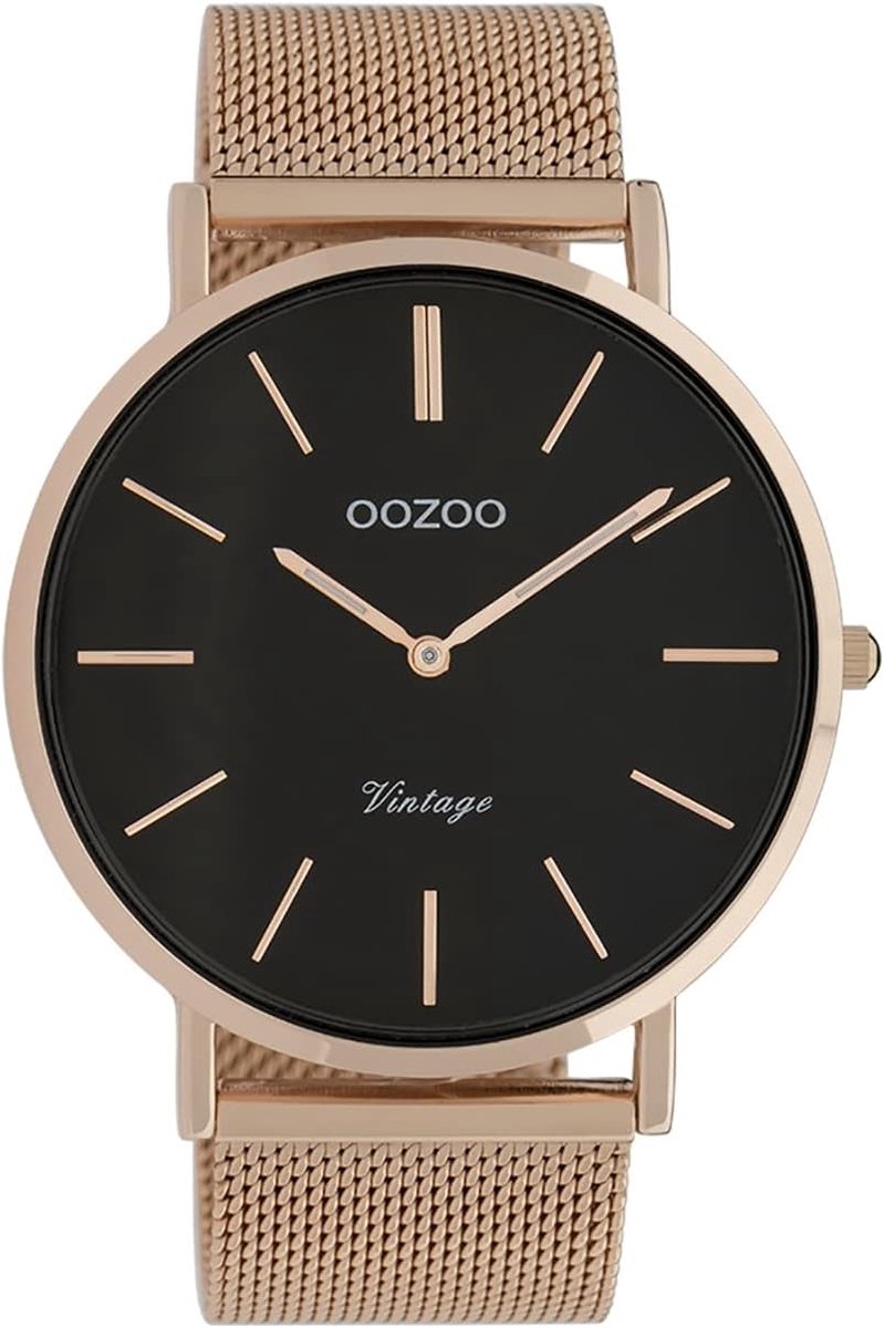 Herenhorloge Roségoud Zwart 44mm RVS Milanese Armband Analoge Quartz Tijdklok