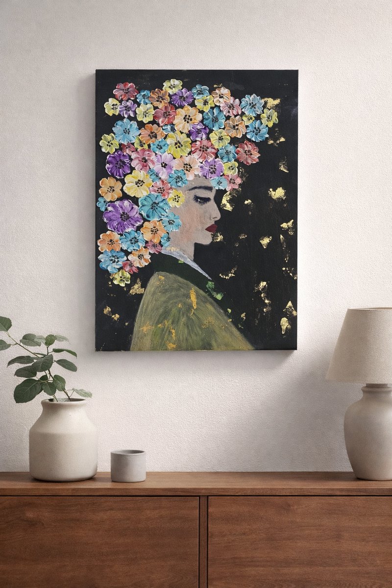 Bloei in Stilte – Origineel Handgeschilderd Schilderij – Vrouw met Bloemenhaar – 40x50 cm – Uniek Kunstwerk voor je Interieur