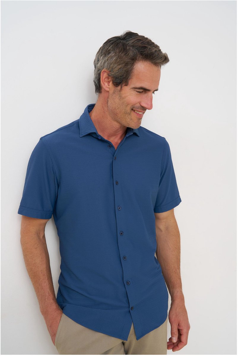 R2 Overhemd Seersucker Korte Mouwen Donkerblauw (navy) - Maat S - Heren - Overhemden Casual