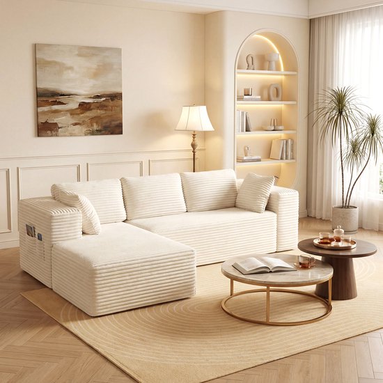 Foto: Bealife ar35 hoekbank l vormige bank links chaise longue opbergruimte aan de zijkant 4 zitsbanken corduroy beige