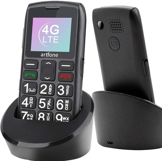 Artfone senioren telefoon met 4G LTE, grote toetsen en oplaadstation.