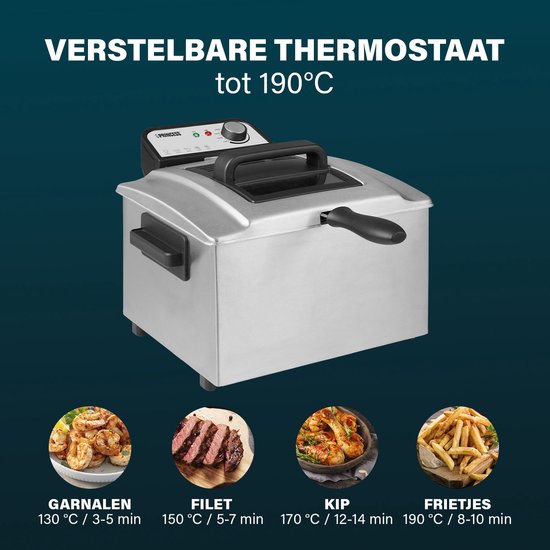 RVS frituurpan met afbeeldingen van garnalen, biefstuk, kip en frietjes, met temperatuur en tijd.