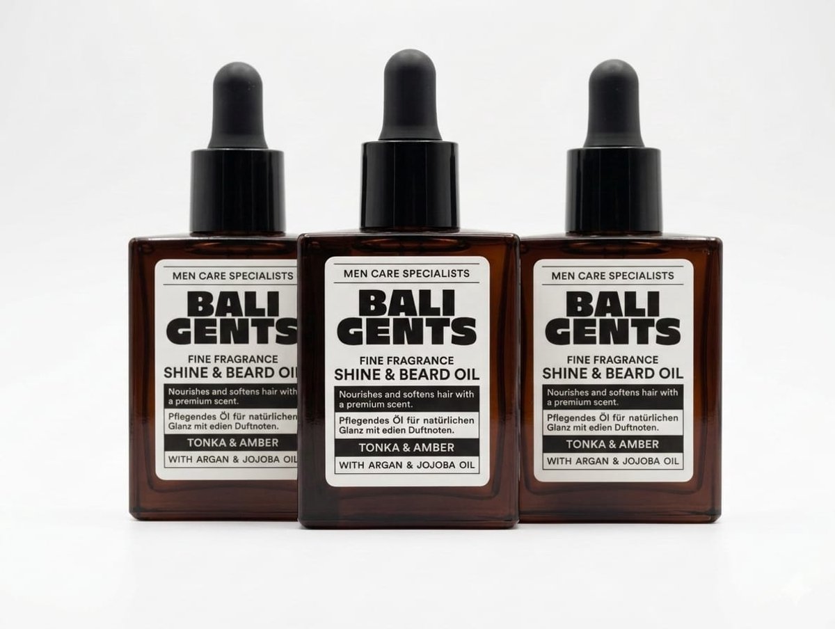 Bali Gents Shine & Beard Oil - Voordeelverpakking (3 x 30ml) - Baardolie met Argan & Jojoba Olie - Tonka & Amber Geur - Hydraterend & Verzorgend
