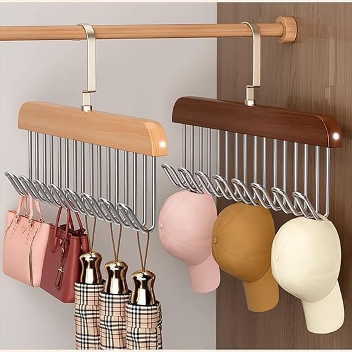 Houten Kledinghangers met 8 Verstelbare Haken voor Accessoires en Kleding (2 Stuks)