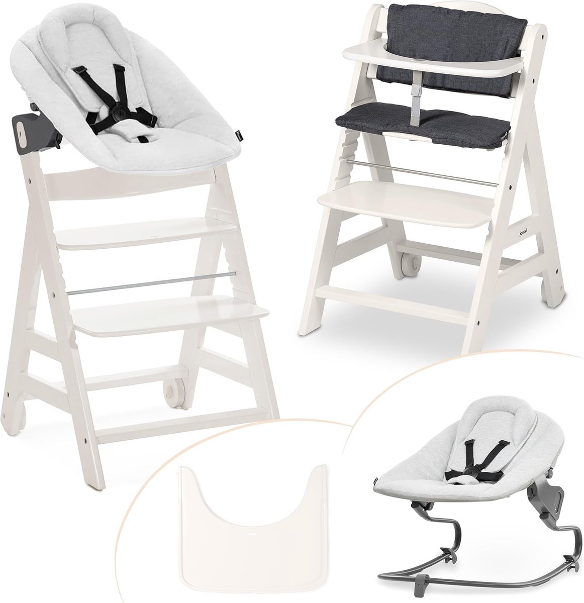 Houten Kinderstoel Evolutief met Newborn Set Vanaf Geboorte - Inclusief Kussen en Dienblad
