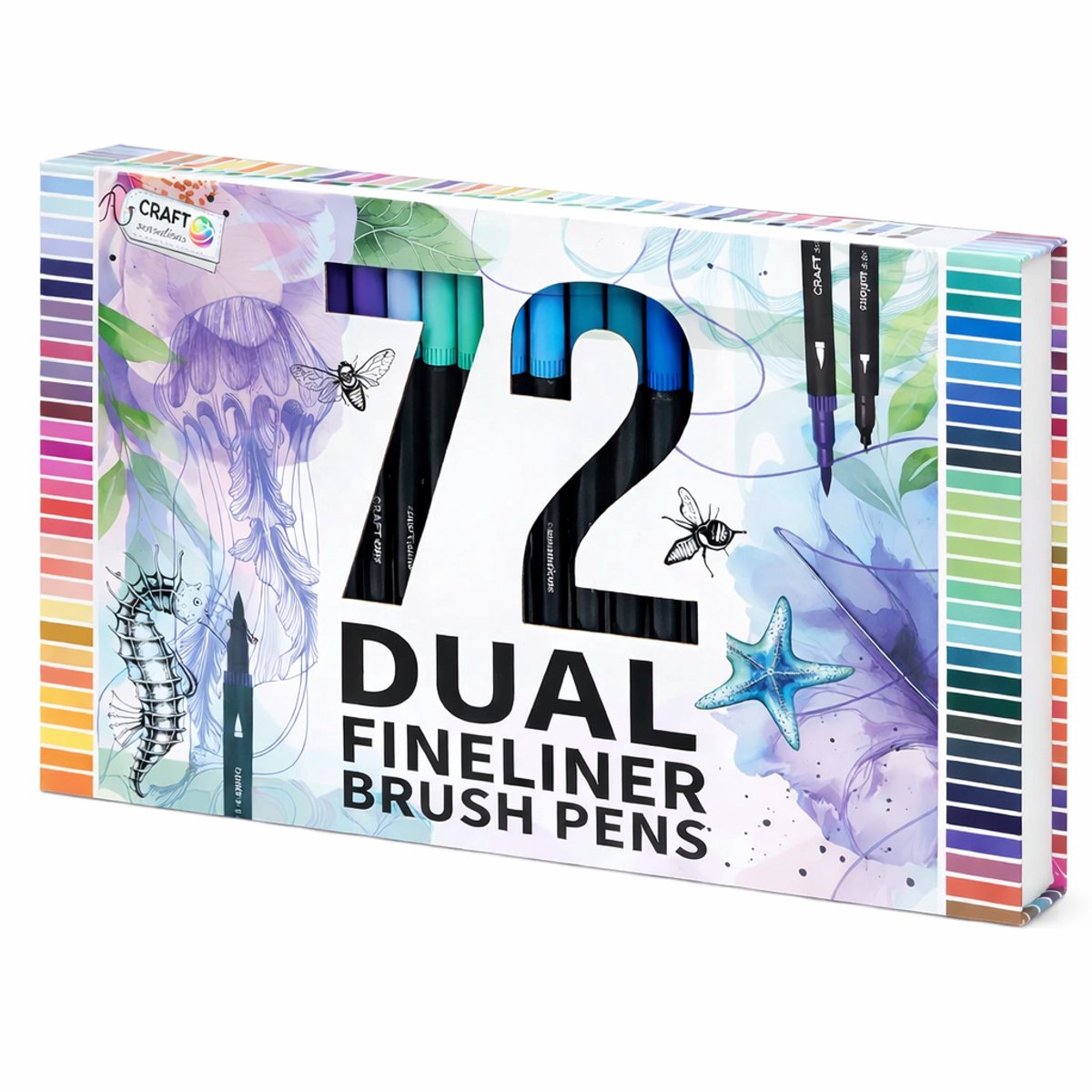 Craft Sensations Dual Fineliner & Brush Pens – 72 Stuks – Dubbele Punt (Fineliner 0.4 mm & Brush Tip 1.2 mm) – Multicolor Tekenset voor Handlettering, Illustraties en Kleuren