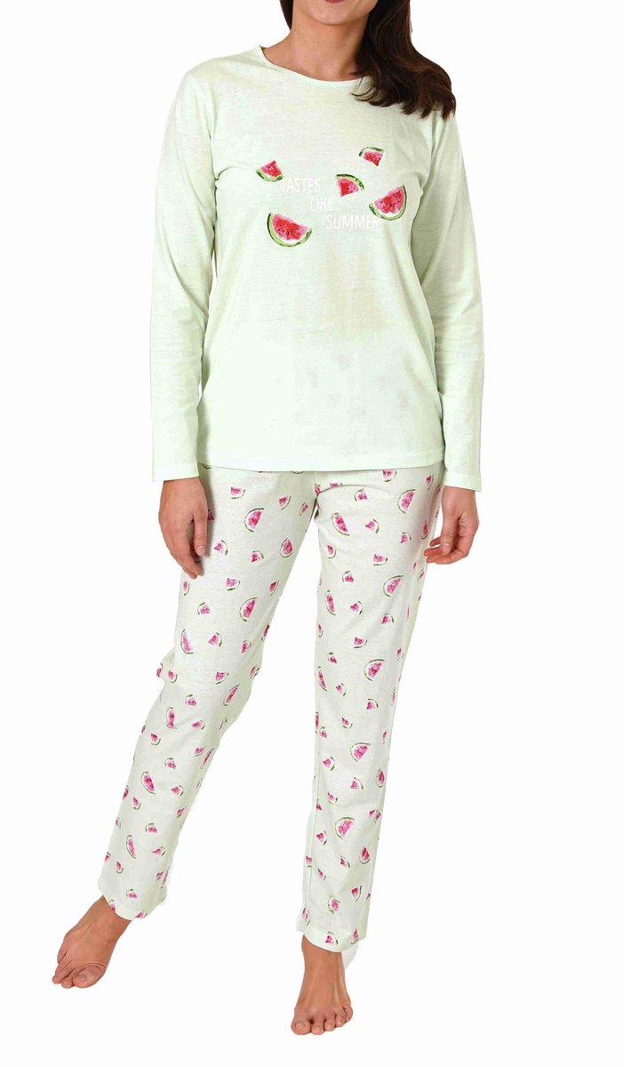 Normann Lieve lange pyjama voor dames met meloenmotief, pyjamabroekje all-over bedrukt grün