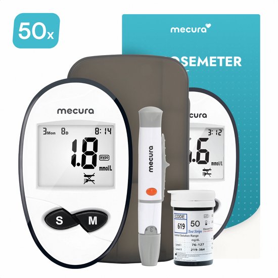 Mecura Glucosemeter & Bloedsuikermeter Startpakket - Suikermeter Diabetesapparaat - Diabetis meter & Bloedglucosemeter - MMOL/L Bloedsuikermeters & Glucose Meter - Met 50 Lancetten & Teststrips