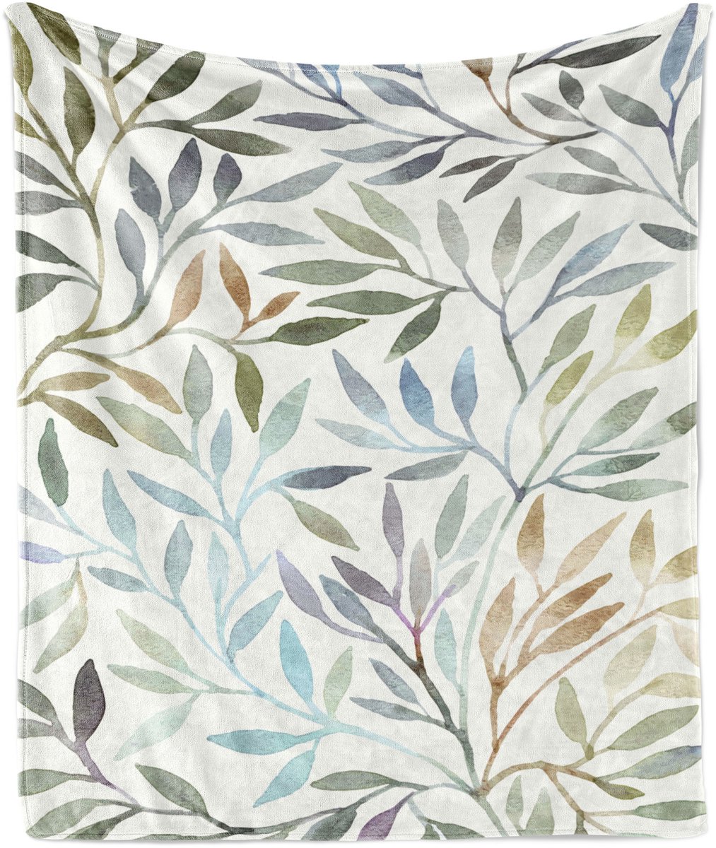 ABAKUHAUS Zachte flanellen fleece deken met aquarel bloemenpatroon, knusse pluche plaid, 125 x 175 cm, ivoorkleurig
