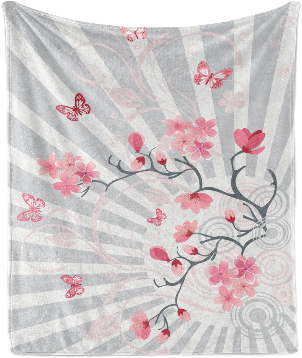 ABAKUHAUS Zachte flanellen fleece deken met bloemenprint, vogels in een kersenboom, knusse pluche plaid, 175 x 230 cm, lichtgrijsroze