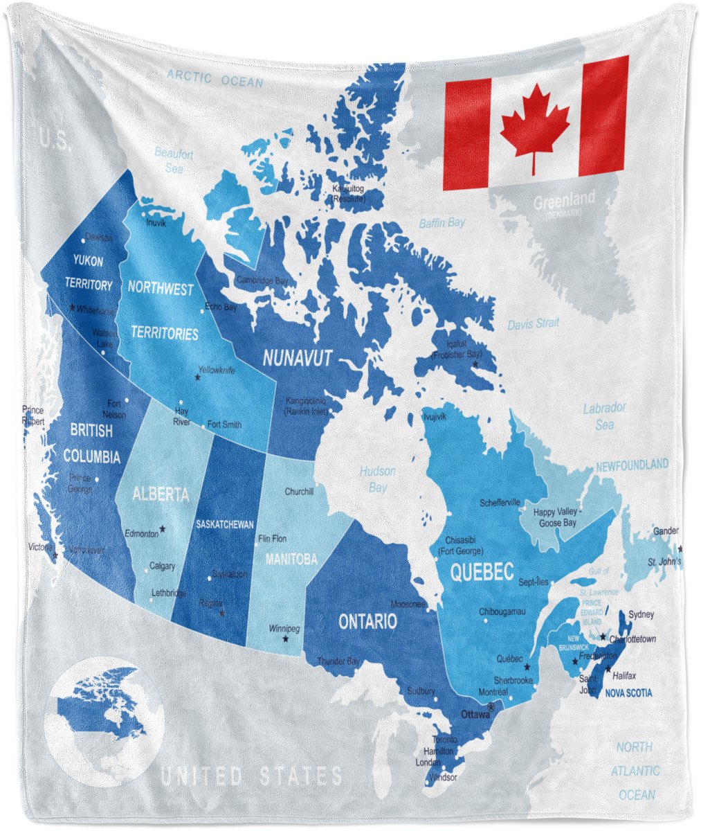 ABAKUHAUS Canada Zachte Flanellen Fleece Deken, Gedetailleerde Landcontouren en Naam, Gezellige Pluche Plaid, 175 x 230 cm, Hemelsblauw Vermiljoen