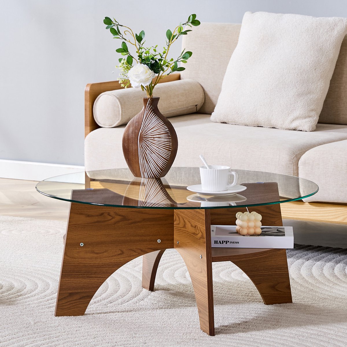 Clruro Bijzettafel - Rond - Ø 80 cm - Veiligheidsglas Ventilatorvormig Onderstel MDF Poten - Noten Optiek Walnoot