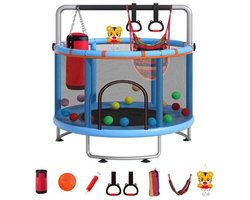 Trampoline Ø150 cm-Multifunctionele Trampoline Basketbalring-Ringleuning- Ophangringen en hangmat-Draagvermogen 150 kg-Blauw