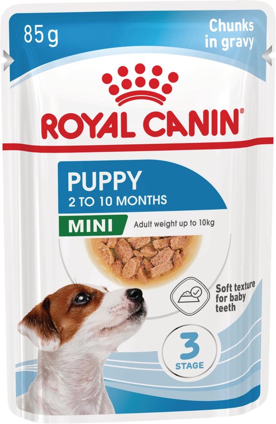 Royal Canin Puppy Mini zakje met brokjes in saus, 85g, met zachte textuur voor melktanden.