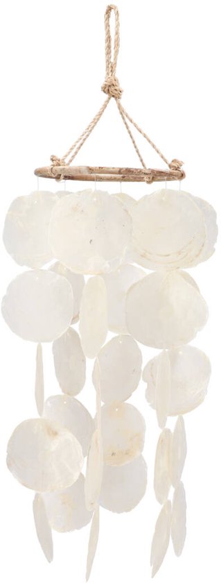 Een decoratieve schelpenhanger met een houten ring en touwophanging.