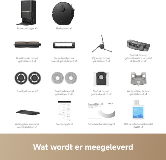 Dreame Robotstofzuiger L50 Ultra AE - Robotstofzuiger met dweilfunctie - 28.000 Pa Zuigkracht - Automatische Leegstation - Uitschuifbare Zijborstel - DryBoard - Zwart