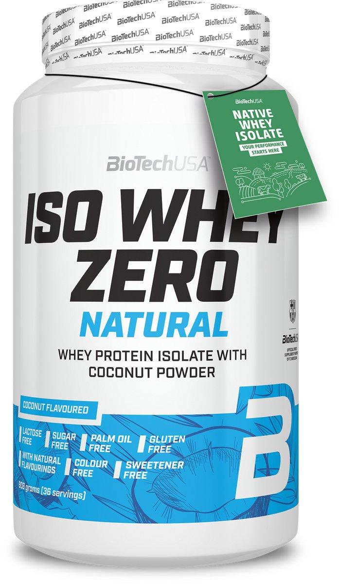 BioTechUSA Iso Whey Zero Natural Eiwitpoeder | 80% Eiwit | Natuurlijk gearomatiseerd | Glutenvrij | Lactosevrij | Geen toevoegingen | Geen kleurstoffen | 908 g | Kokosnoot