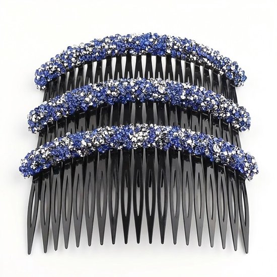 Drie zwarte haar kammen met blauwe en zilveren strass versiering op een witte achtergrond.