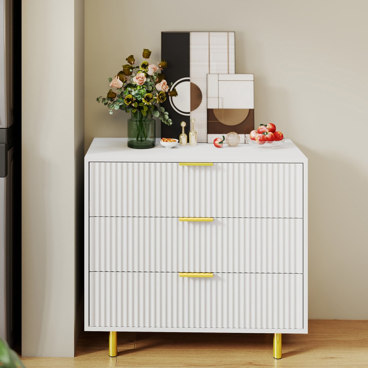 Ladekast - 80x40x72 cm - 3 Laden Modern - Compacte Opbergkast - Hout - Wit en Goud