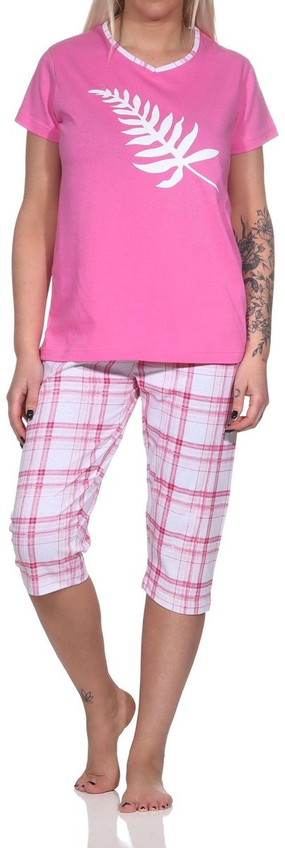 Normann Elegante capri-damespyjama met geruite ¾ broek en print op de voorkant pink