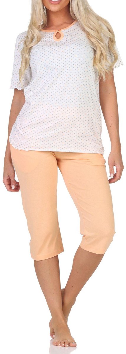 Normann dames capri pyjama met korte mouwen in stippenlook - ook in grote maten apricot