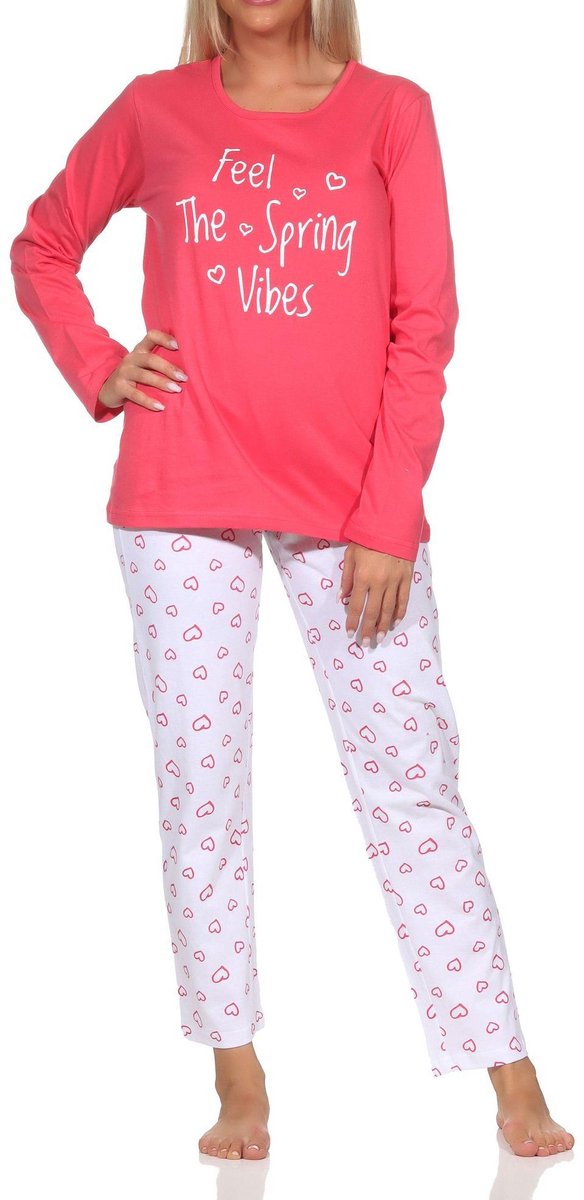 Normann dames pyjama lange mouw, pyjamabroek in hartjeslook pink