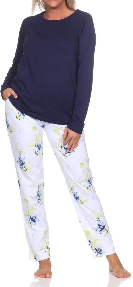 Normann langer Pyjama für Damen, Pyjamahose mit Blumenmuster - auch in großen Größen marine