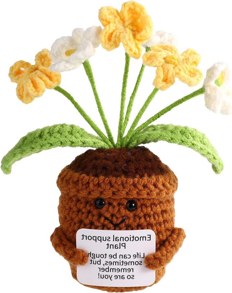 Haakbloemen met Bemoedigende Kaart, Creatieve Decoratie voor Bureau, Grappige Vergeet-Me-Nietjesbloemen, Emotioneel Afstudeercadeau