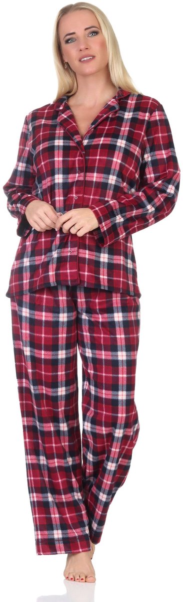 Normann fleece damespyjama in elegante ruitjeslook, doorknoopbaar rot